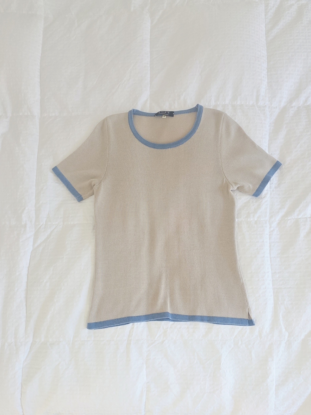 Sole Soledad Twombly Beige Blue Trim Ringer Knit Tee Quiet Luxury Coquette S